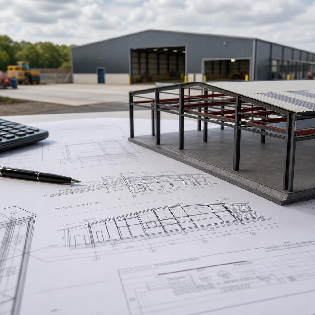 Planning drawings beside a steel-framed industrial unit model