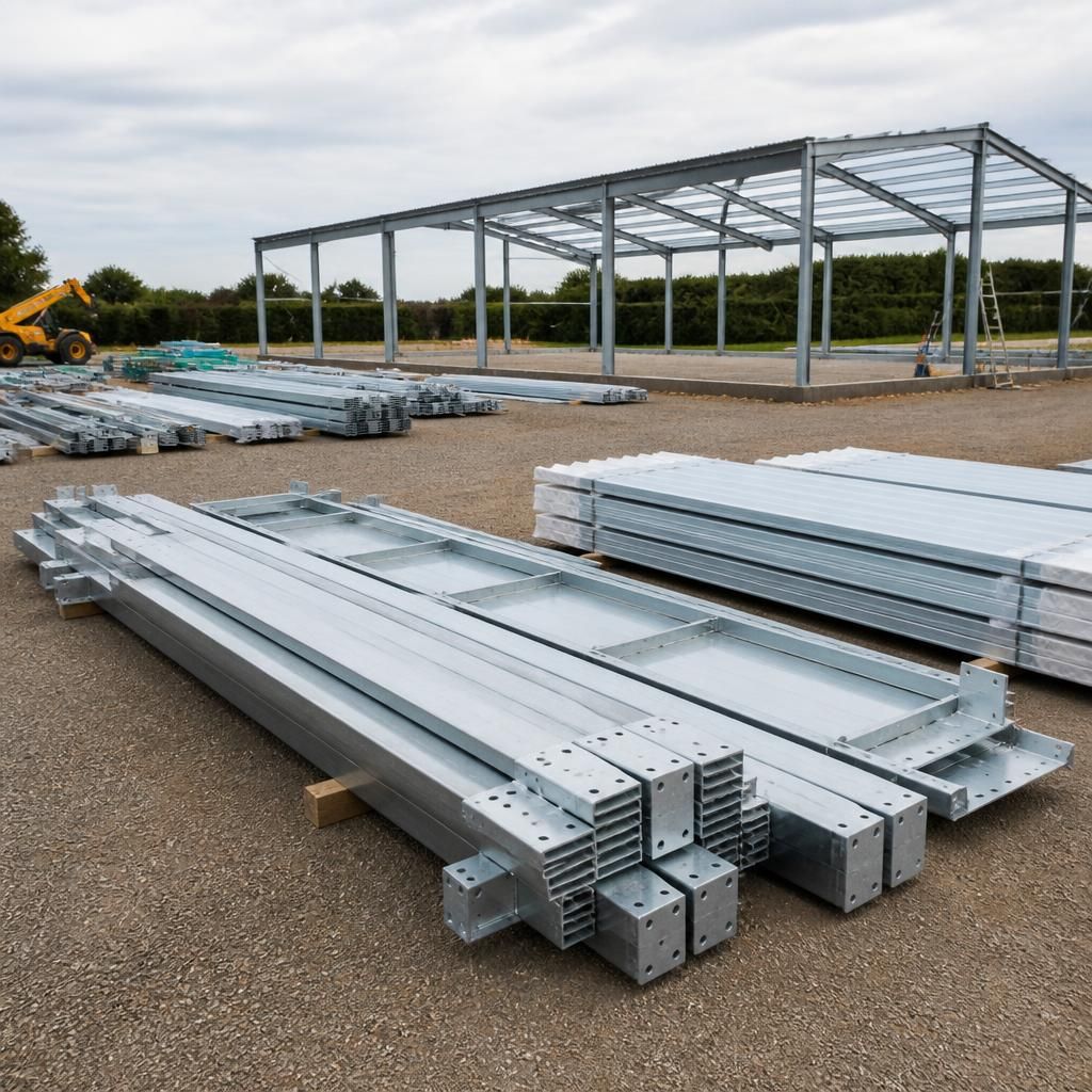 Steel frame sections and roof panels prepared for assembly on an industrial building site