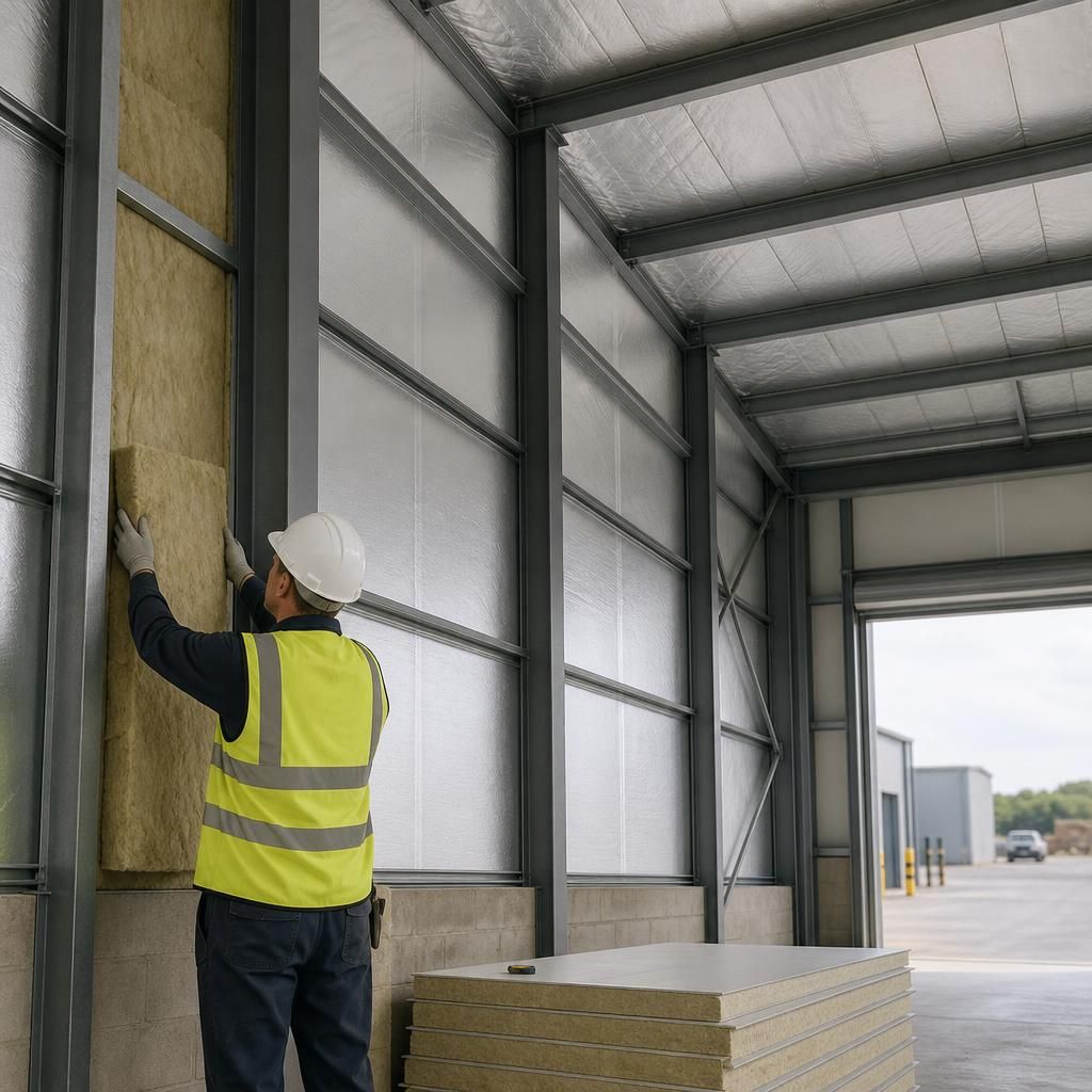 Steel-framed industrial unit with insulated roof and wall panels
