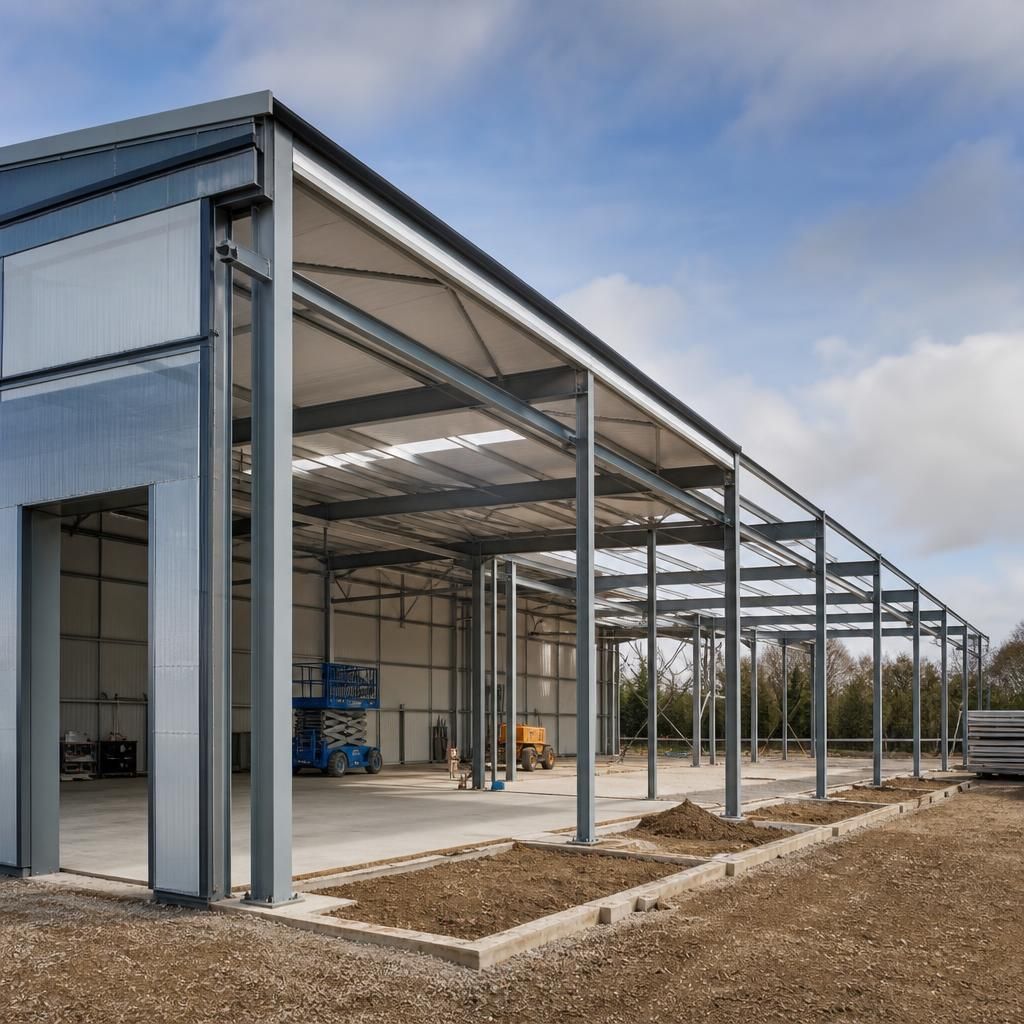 Steel-framed industrial unit with an open gable end and adjoining extension area