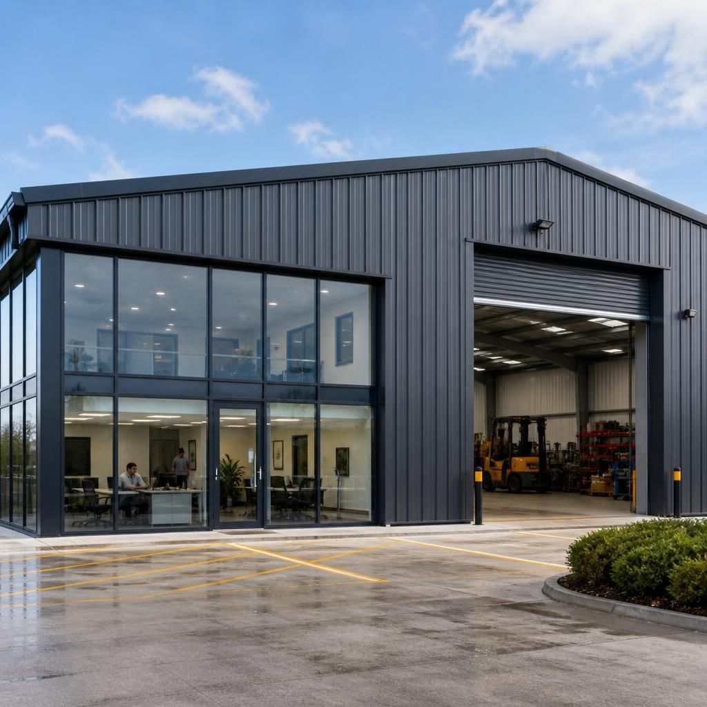 Steel industrial unit with glazed office frontage beside a large roller door
