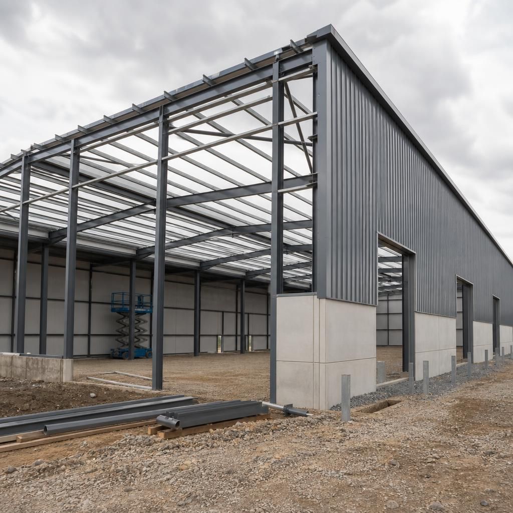 Steel-framed industrial unit under construction with roof and wall cladding