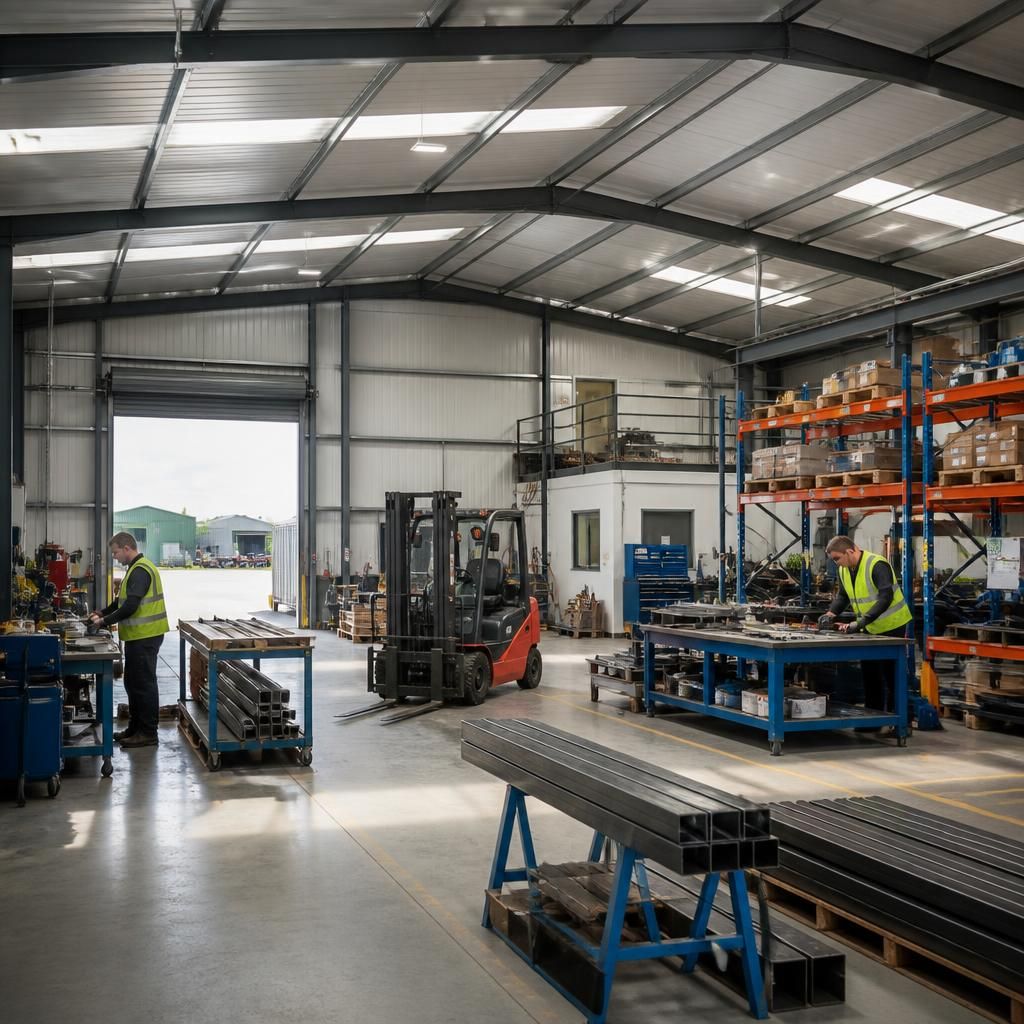 Steel-framed light industrial unit with workshop floor and storage areas