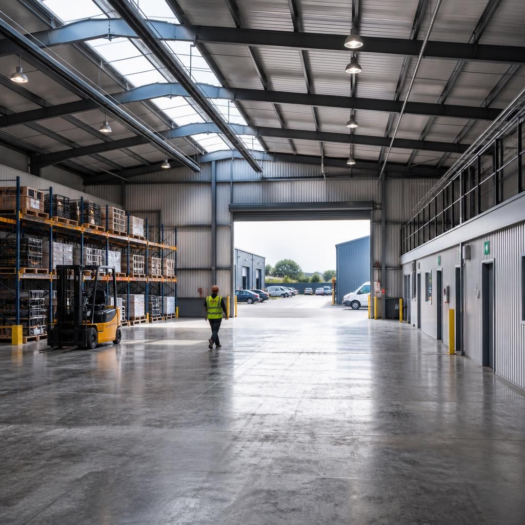 Steel frame and insulated cladding forming a light industrial building under construction