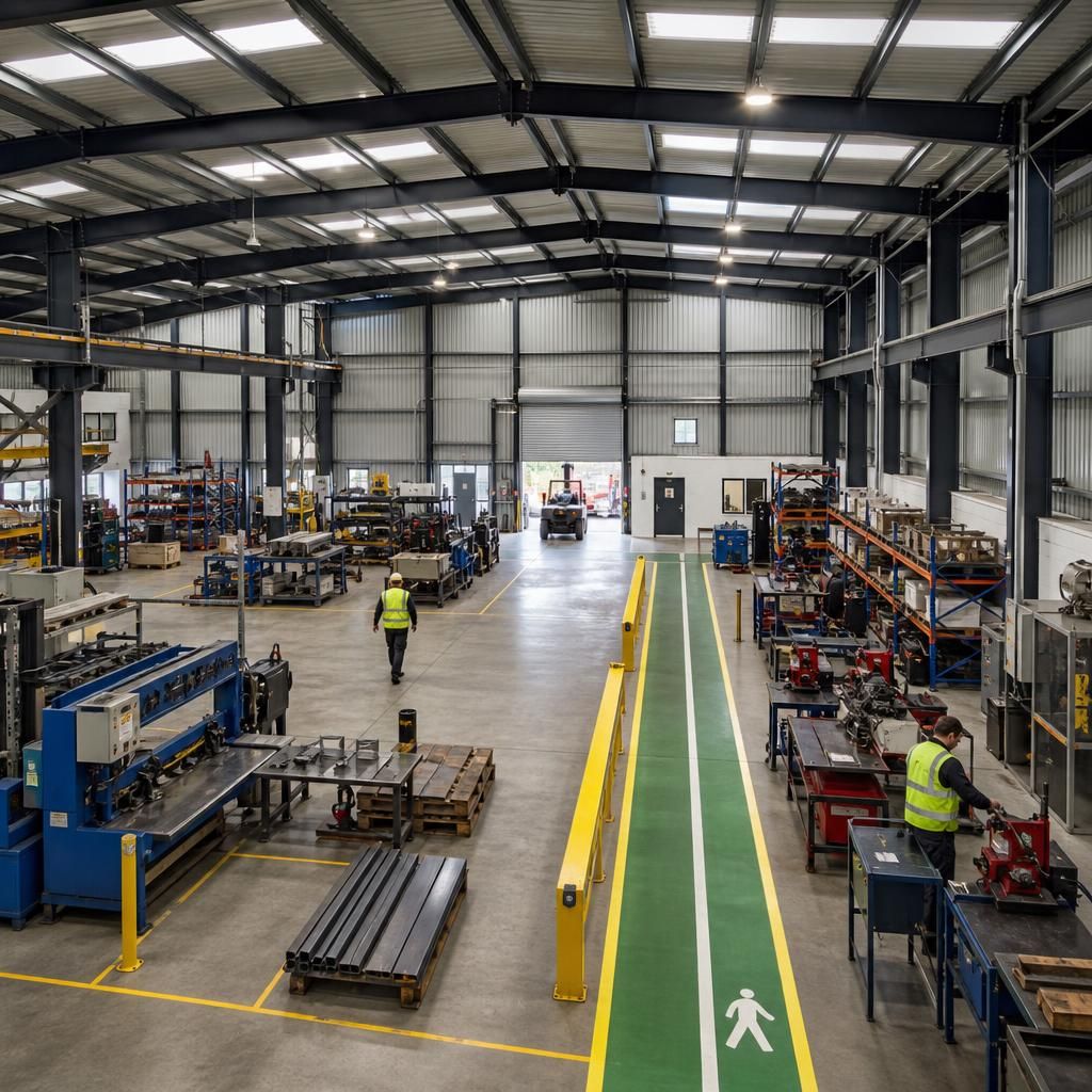 Steel-framed workshop interior with machinery, storage areas and marked pedestrian routes