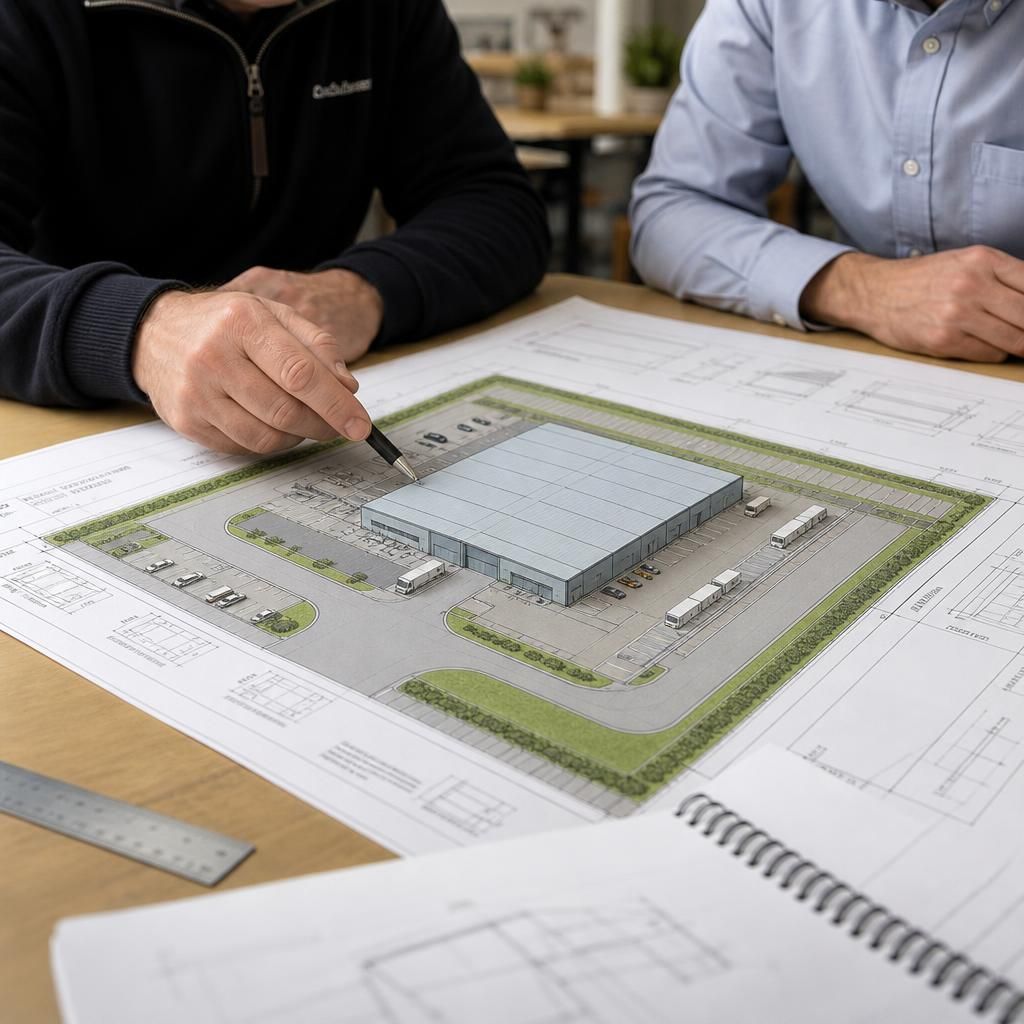 Scaled site plan showing a light industrial unit, vehicle routes, parking and loading areas
