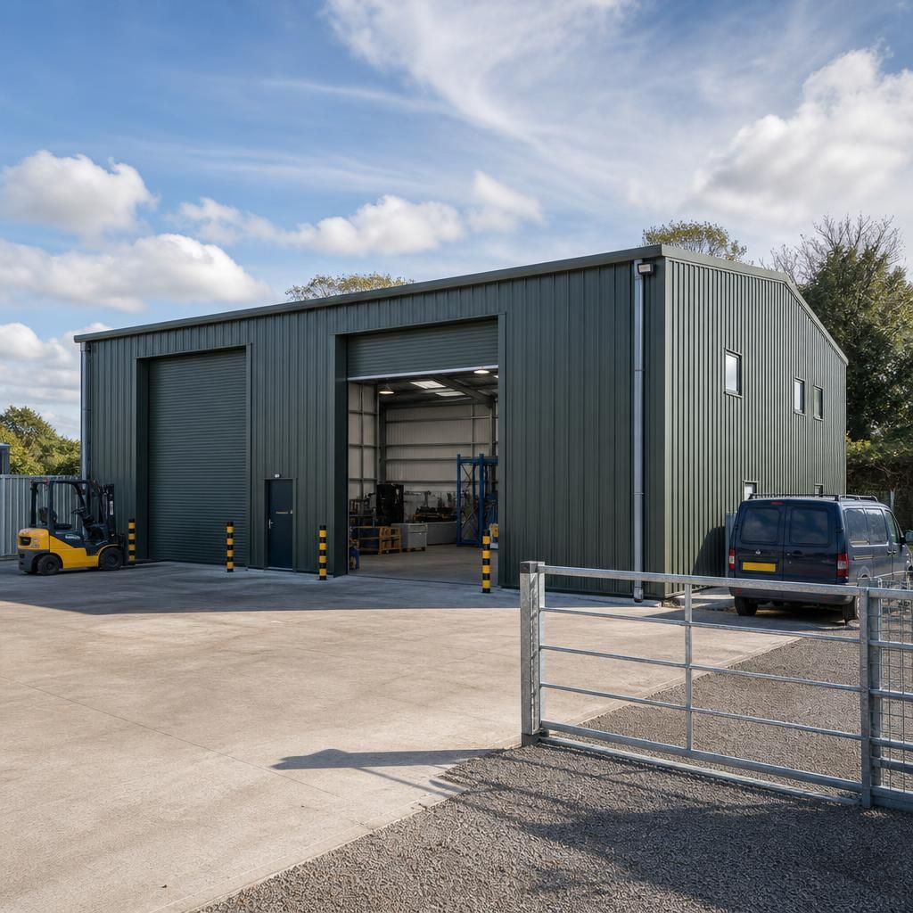 Steel-framed light industrial unit with roller doors and adjoining yard