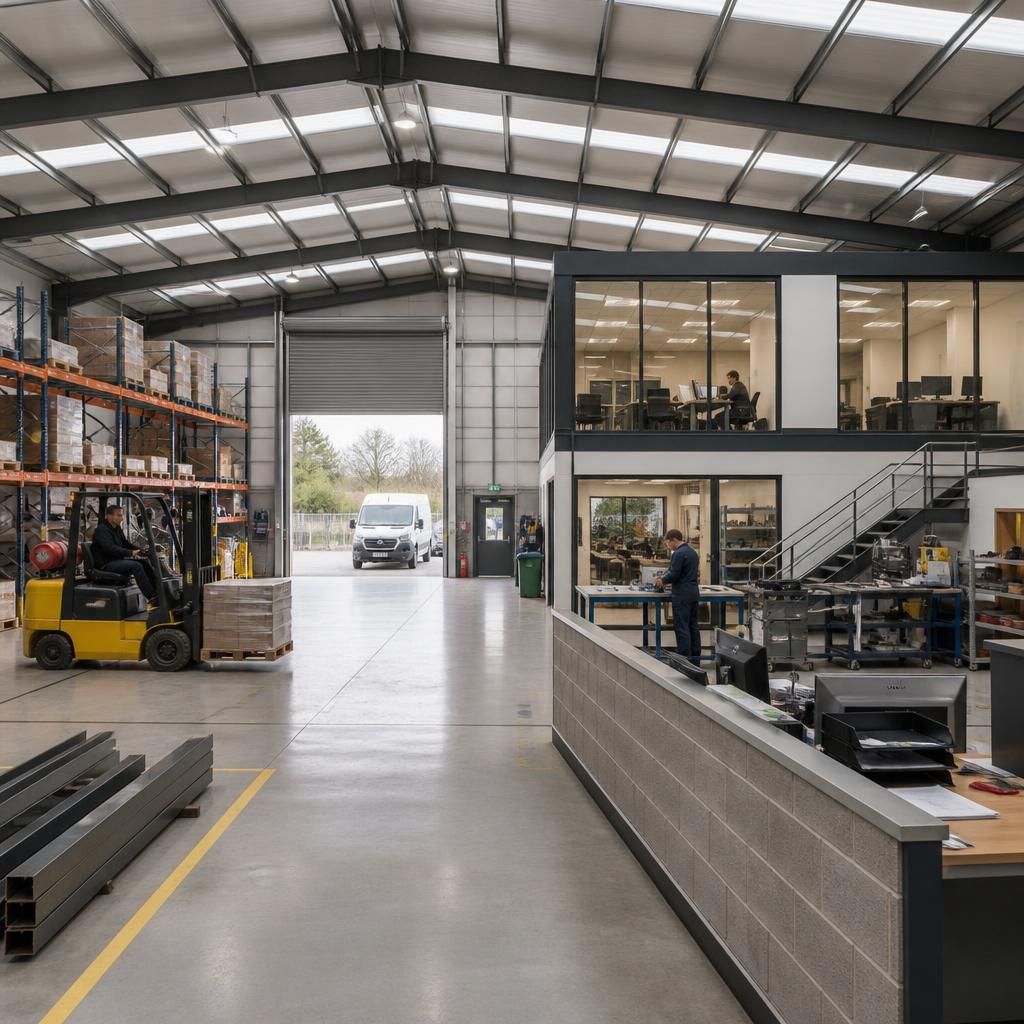 Steel framed commercial unit with warehouse, workshop and office areas