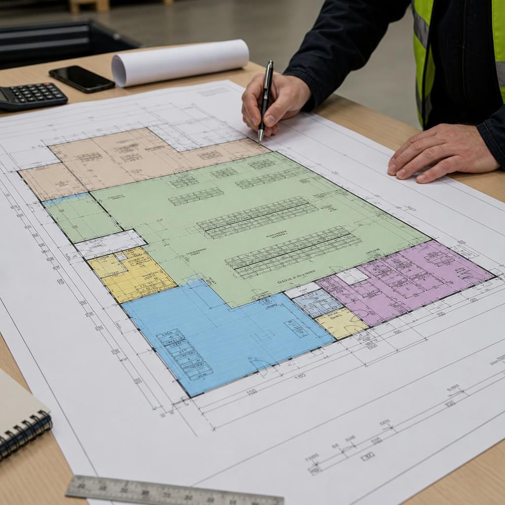 Scaled floor plan showing storage, loading, office and circulation zones in a steel frame commercial unit