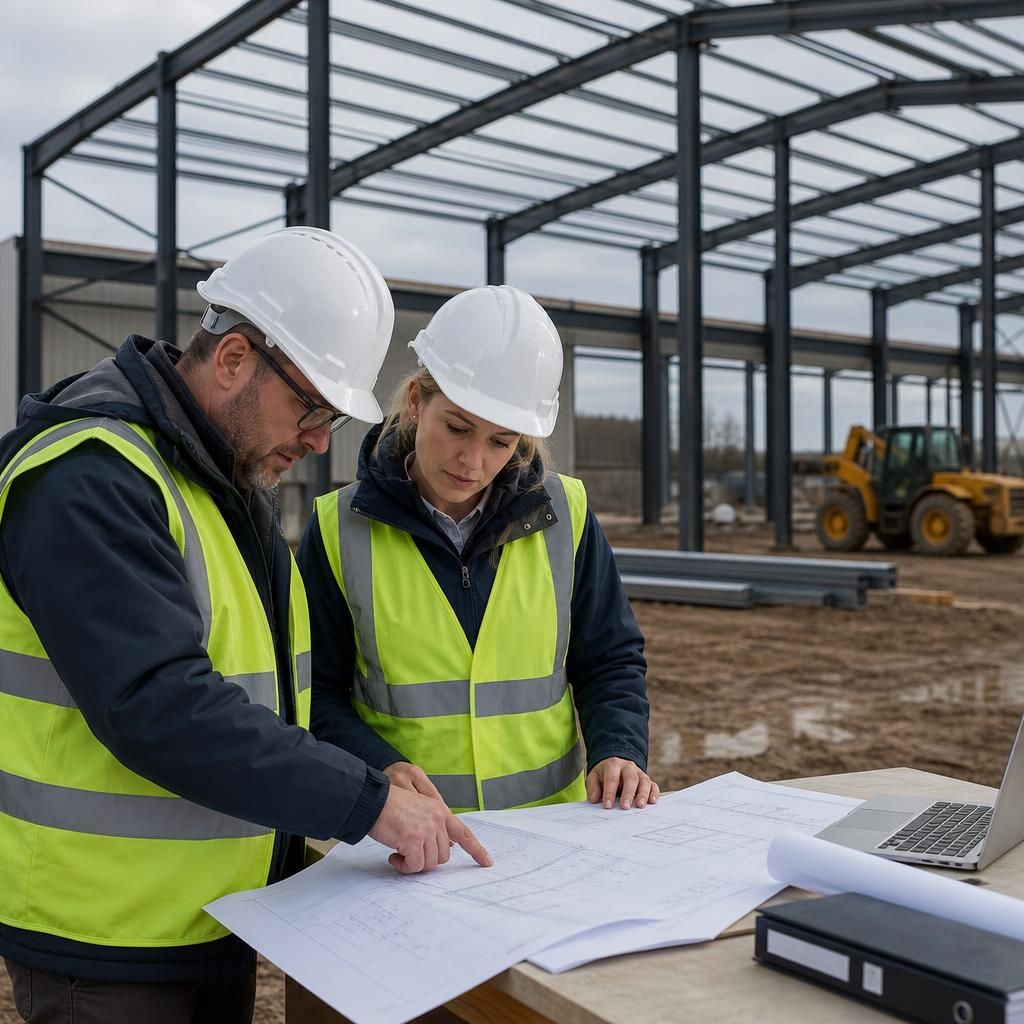 Steel frame commercial unit with portal frames, roof cladding and large loading doors