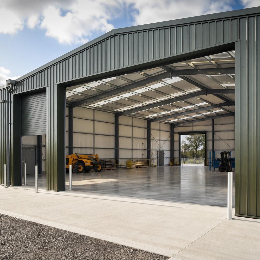 Steel frame commercial unit with wide vehicle doors and an open internal layout
