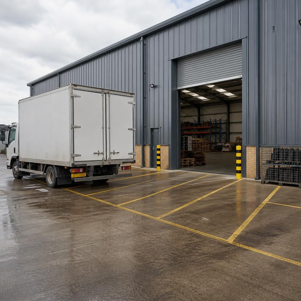 Industrial unit roller shutter door beside a marked vehicle loading area