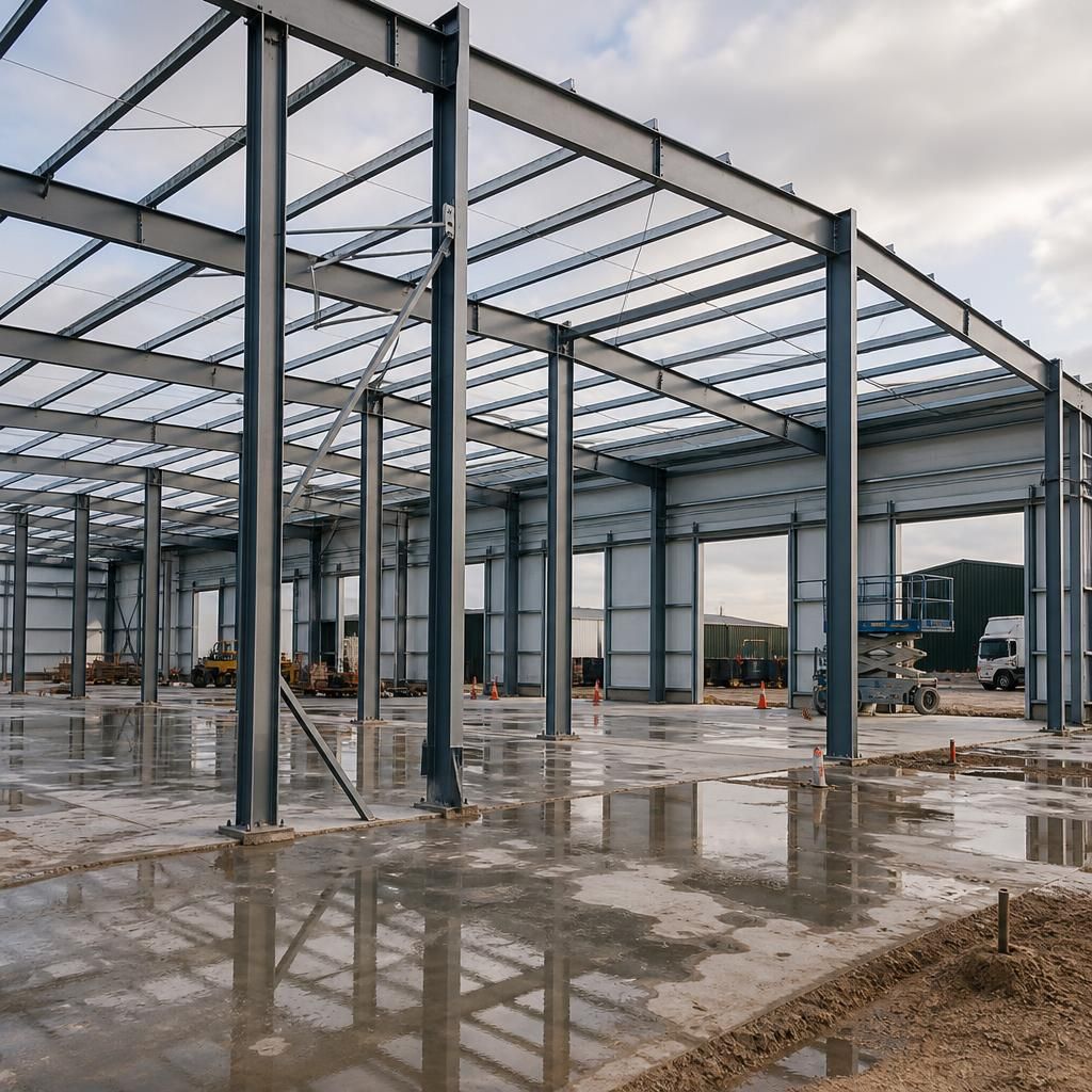 Industrial steel frame with portal bays, roof bracing and large vehicle access doors