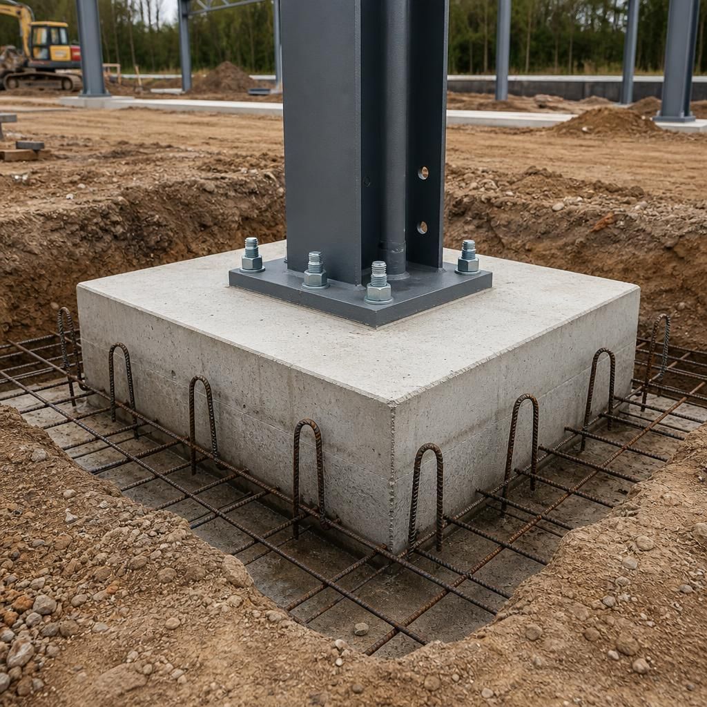 Reinforced concrete pad foundations with holding-down bolts for a steel frame
