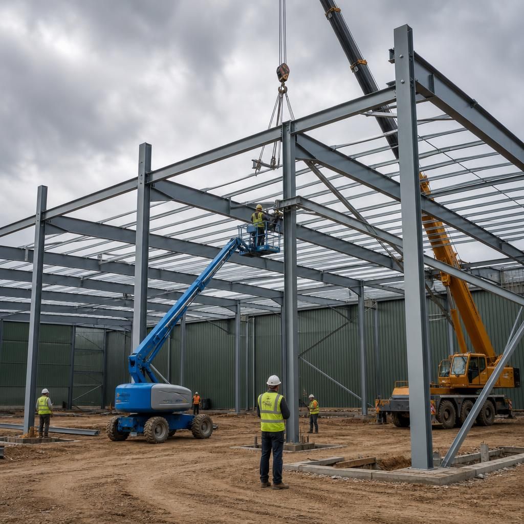 Steel frame being assembled for an industrial warehouse