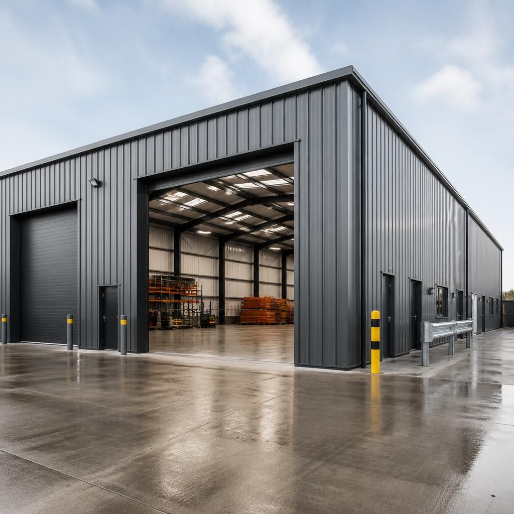 Steel-framed industrial warehouse with cladding, loading doors and concrete floor