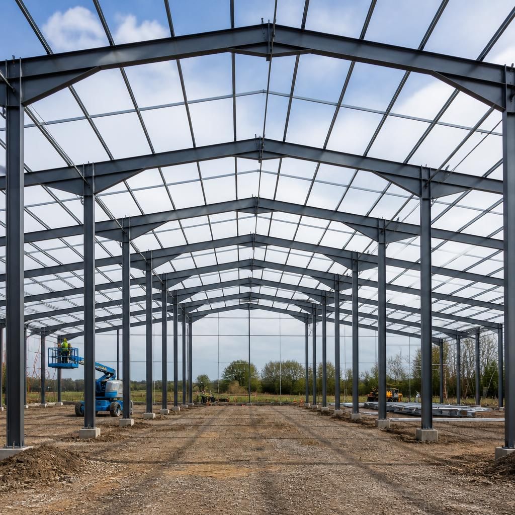 Steel portal frames forming the structure of an industrial warehouse