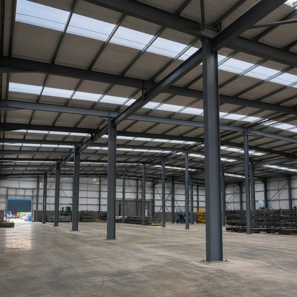Steel warehouse frame showing open bays and internal columns