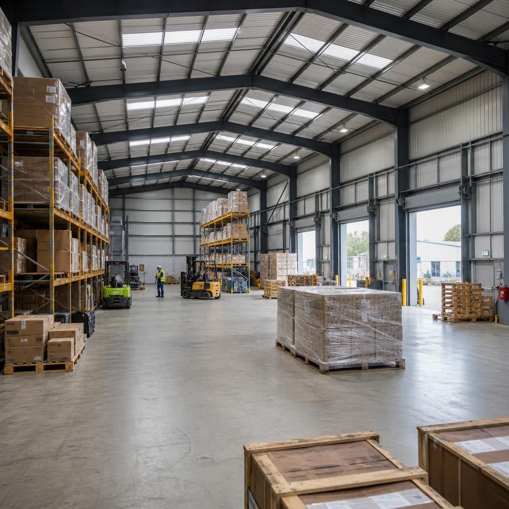 Steel-framed warehouse interior with storage racks, palletised goods and loading doors