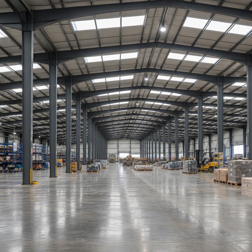 Interior of a multi-span steel warehouse showing repeated roof bays and supporting columns