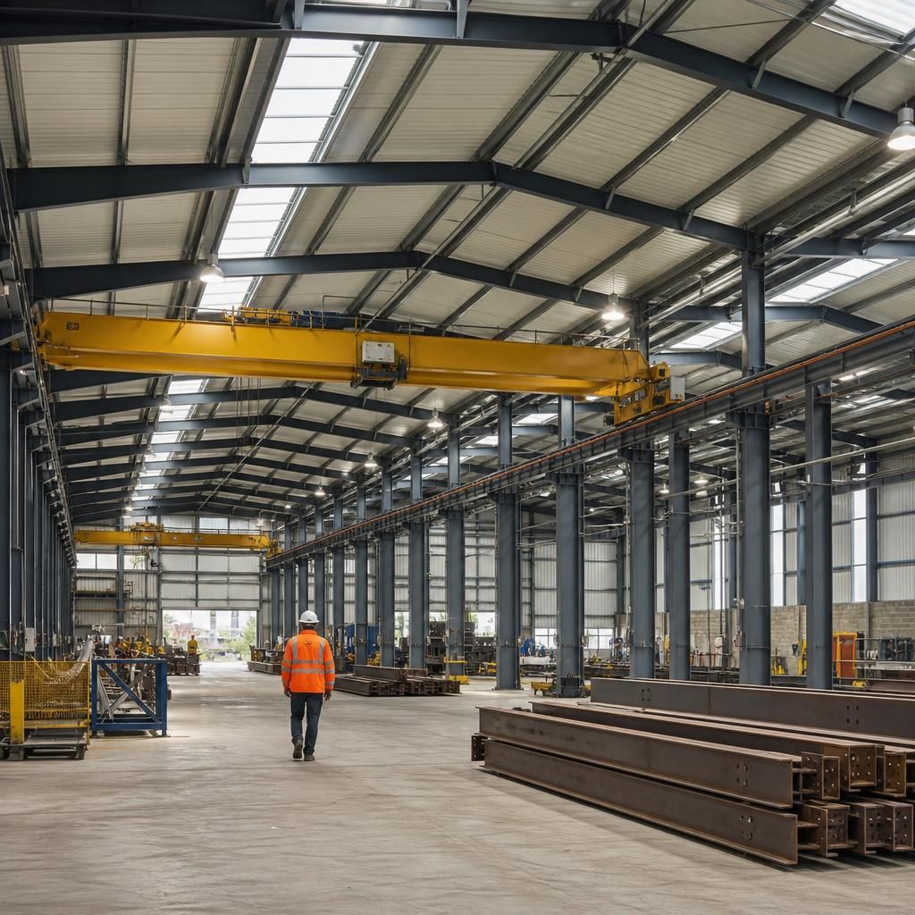 Steel warehouse interior with an overhead travelling crane and supporting runway beams