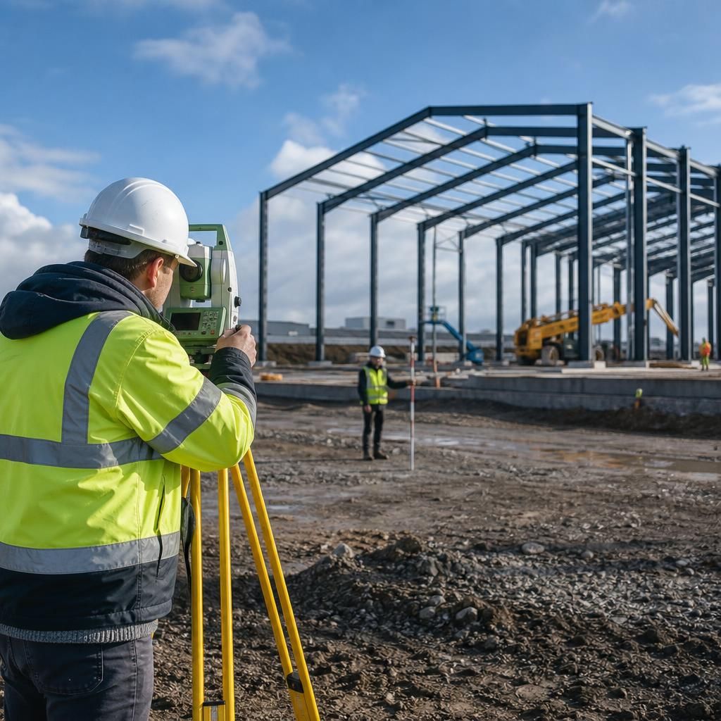 Surveyor measuring levels across a proposed steel warehouse site