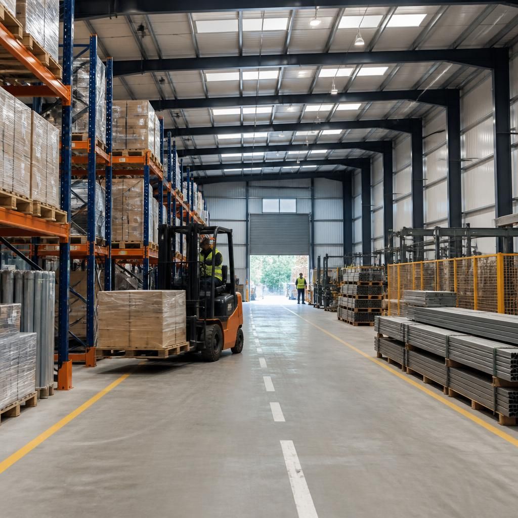 Steel warehouse interior with racking, forklifts and clear loading routes