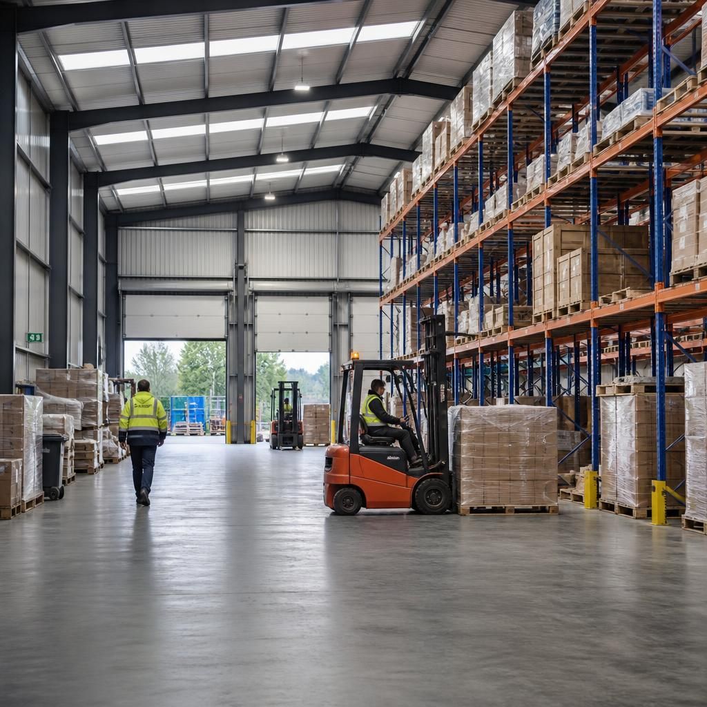 Steel warehouse interior with storage racking, pallets and forklift access