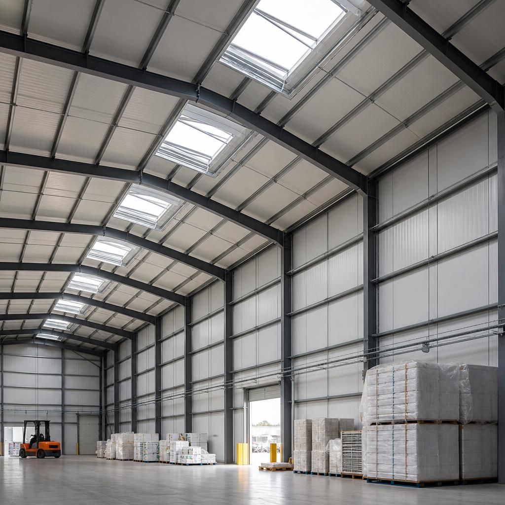 Insulated steel warehouse panels with roof ventilation openings