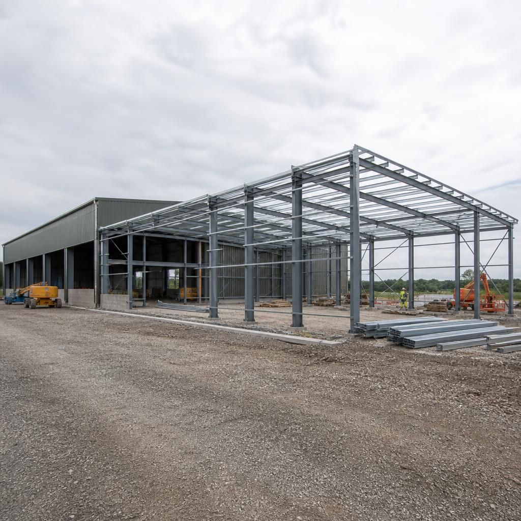 Steel warehouse frame with an adjoining extension under construction