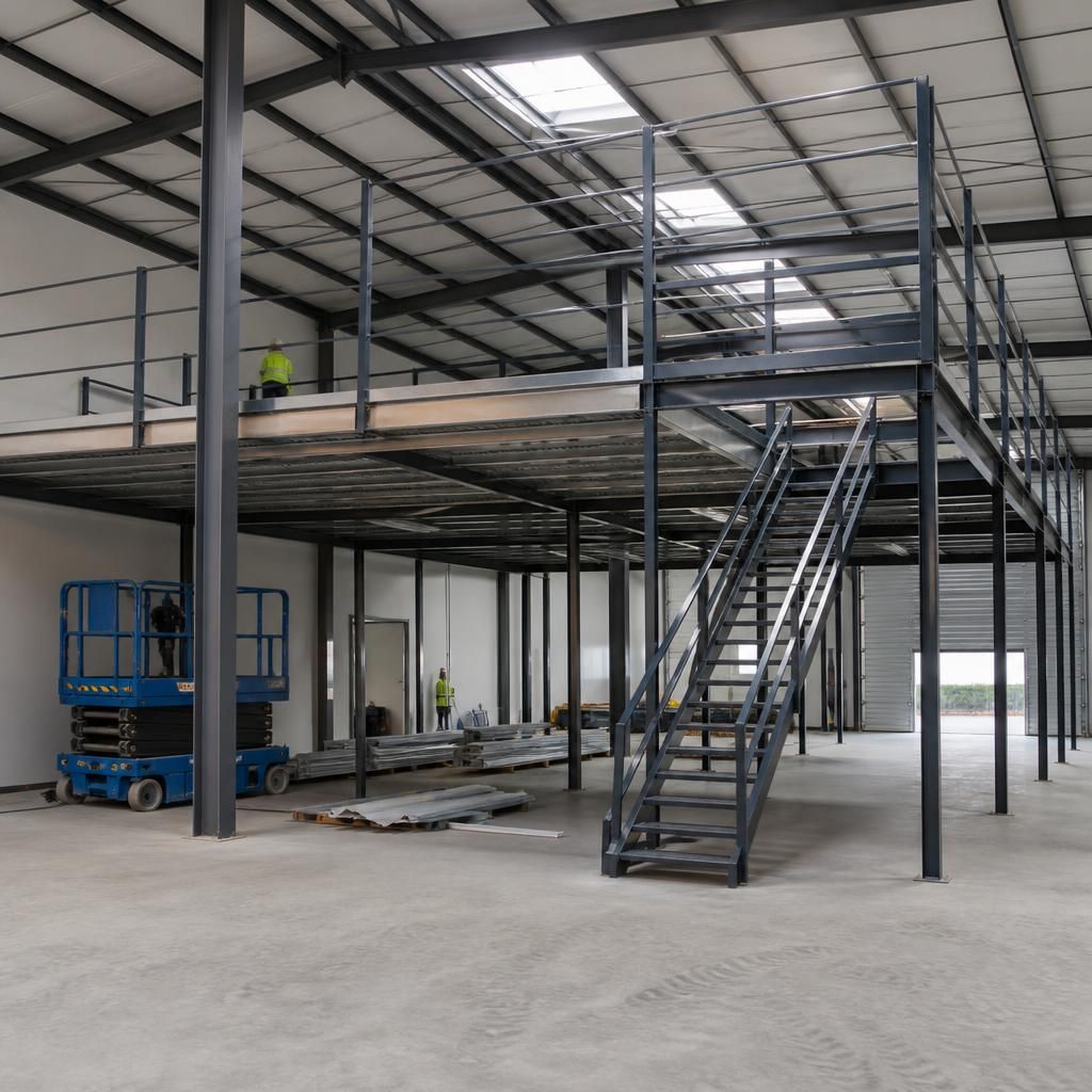 Steel warehouse frame with a partially installed mezzanine floor