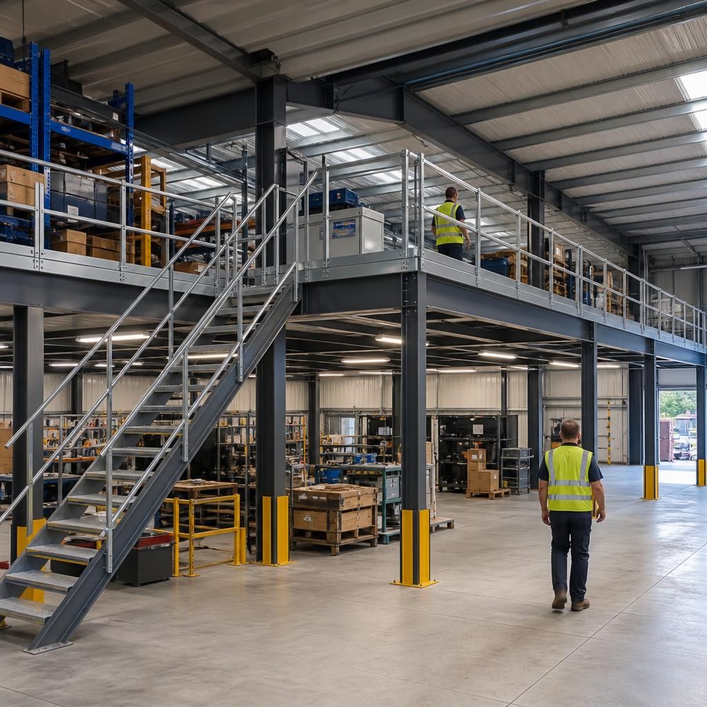 Steel warehouse mezzanine with stairs, supporting columns and edge guarding