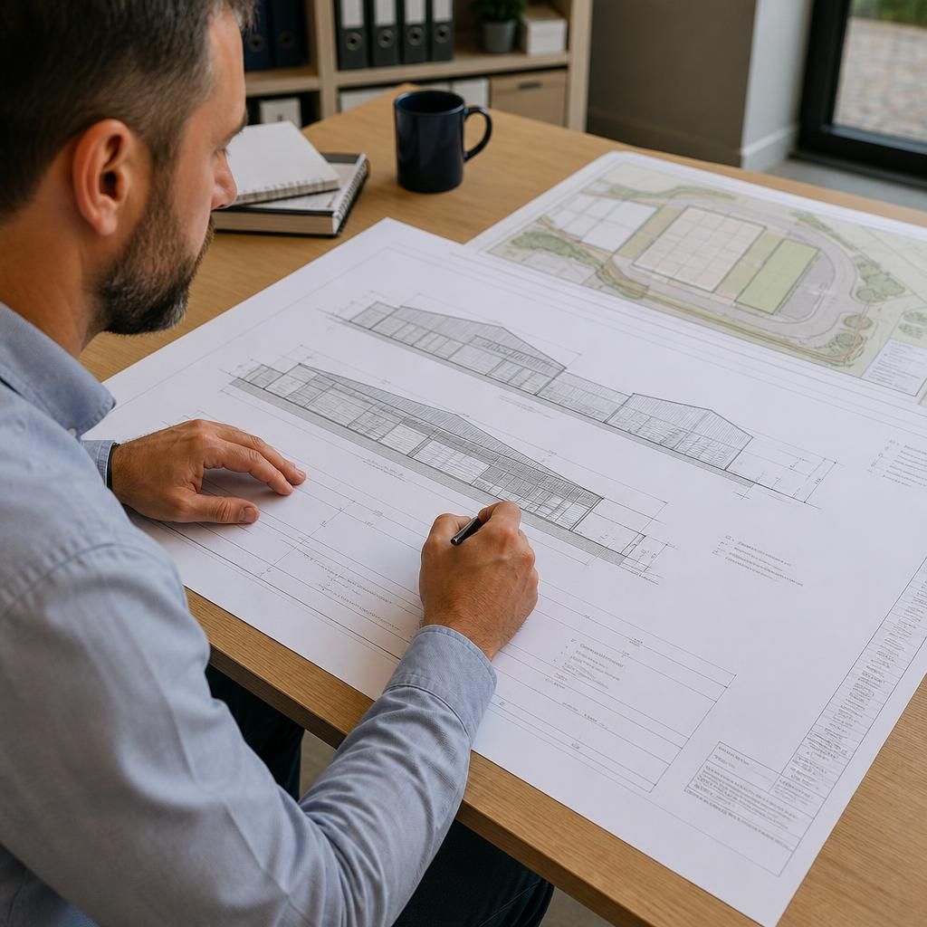 Architect reviewing warehouse elevation drawings beside a site plan