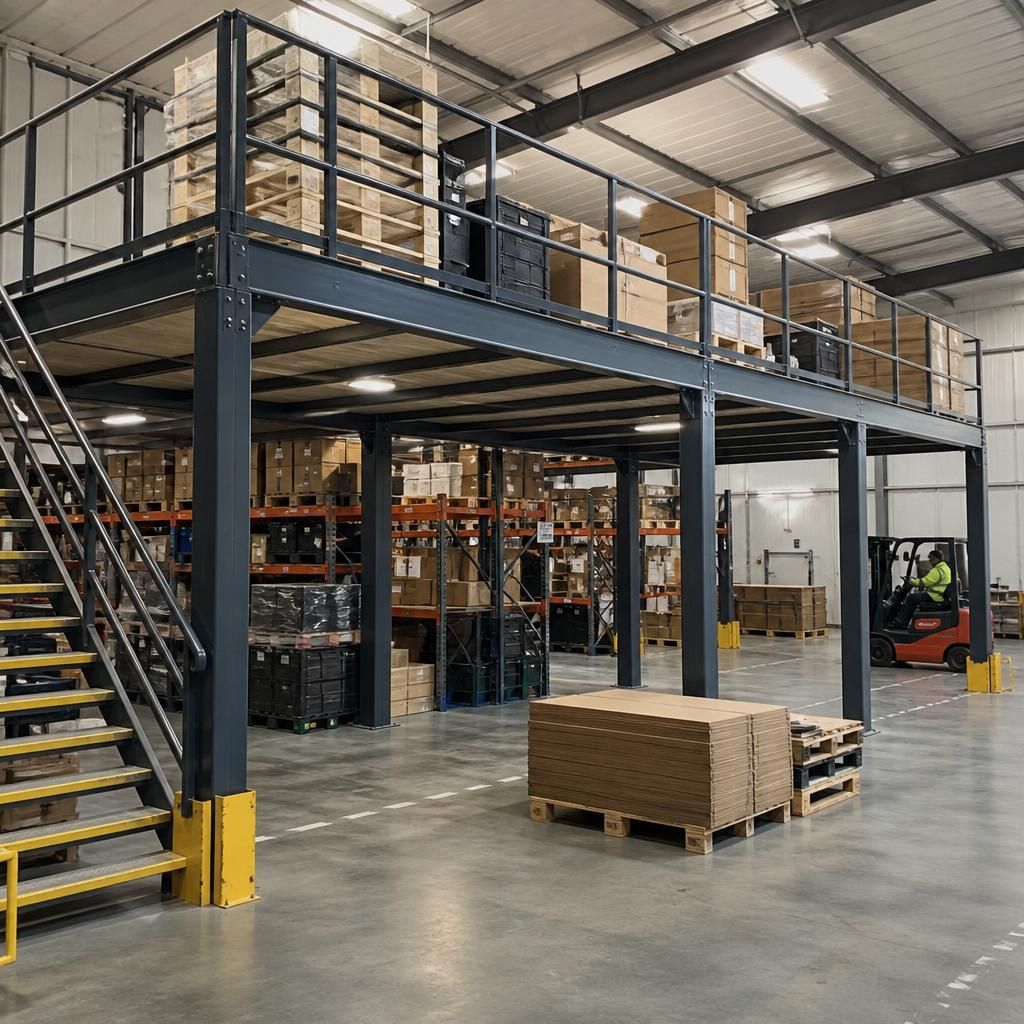 Steel mezzanine floor with storage racking, columns and access stairs inside a warehouse