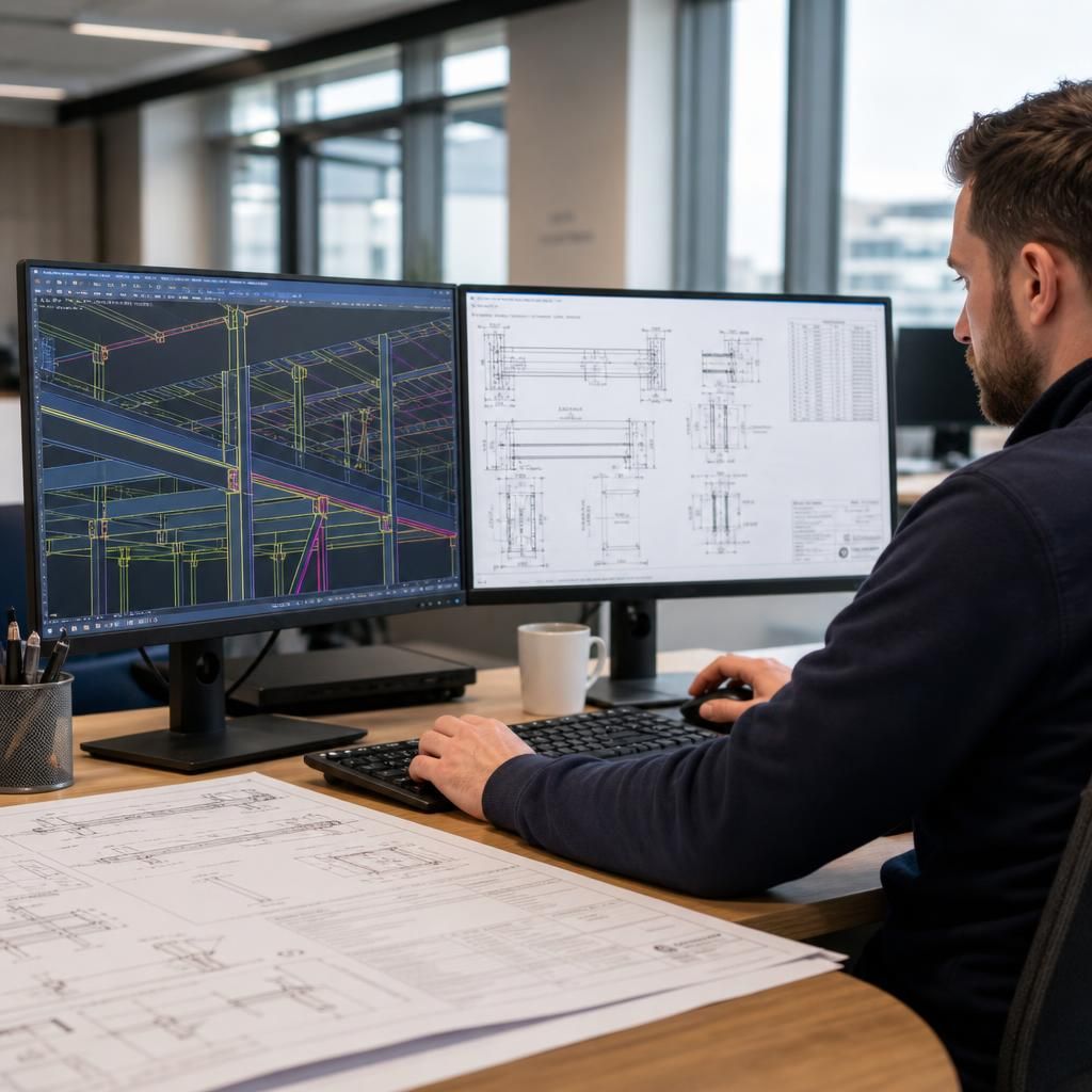 Detailed steelwork drawing showing mezzanine beams, columns and connection details