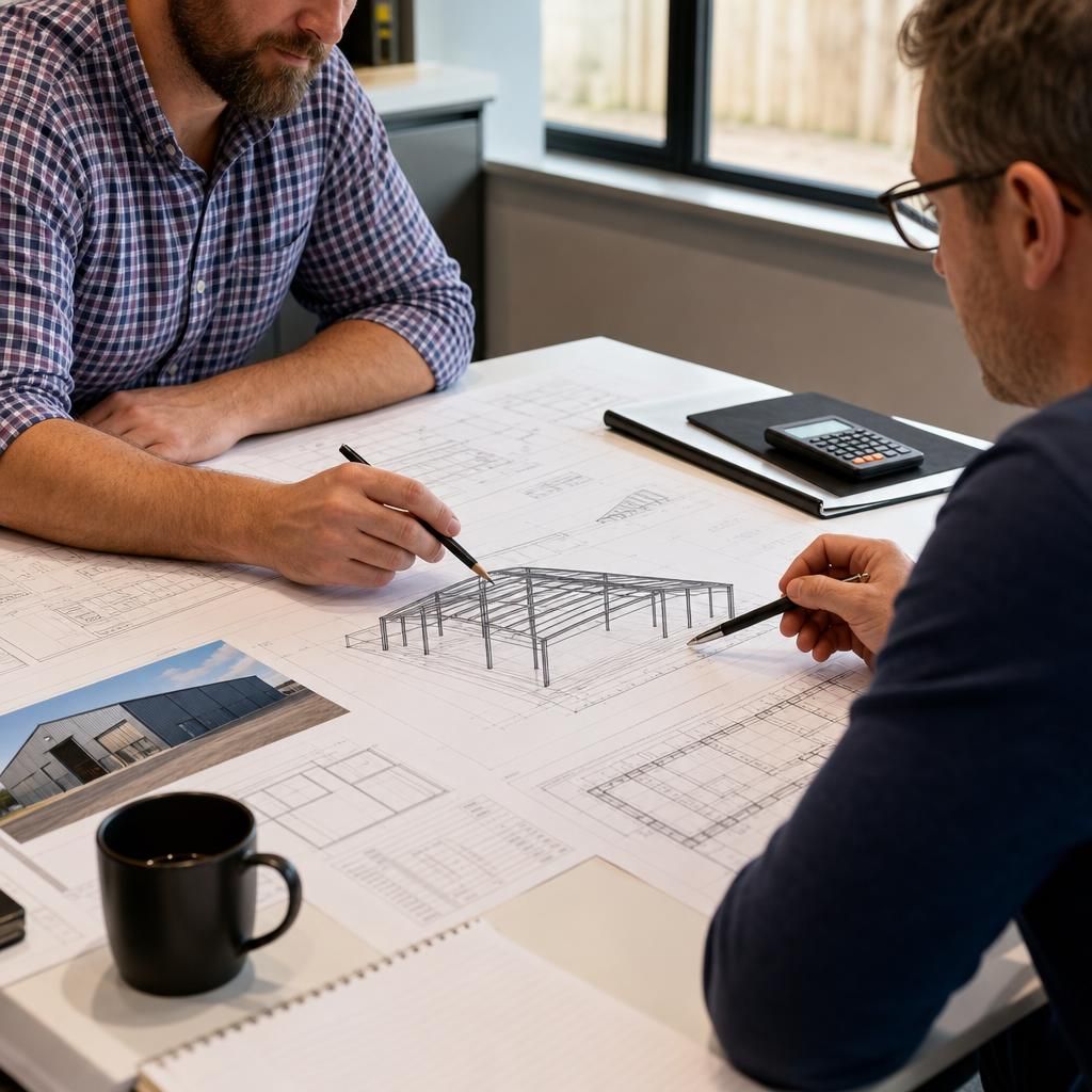 Architectural and structural drawings for an industrial warehouse building
