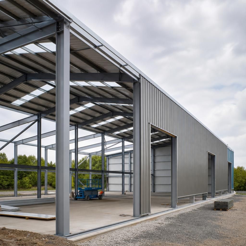 Industrial steel warehouse frame with roof and wall cladding under construction