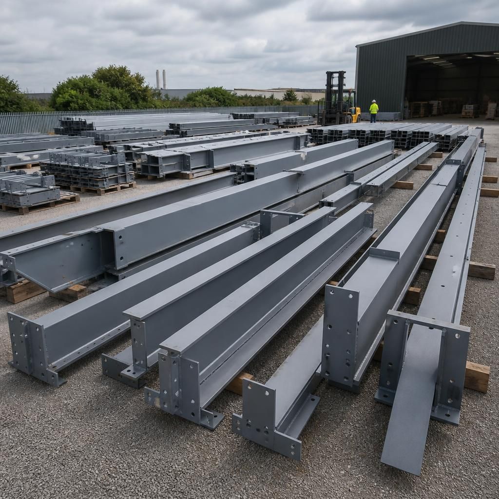 Prepared steel frame components arranged for industrial workshop assembly