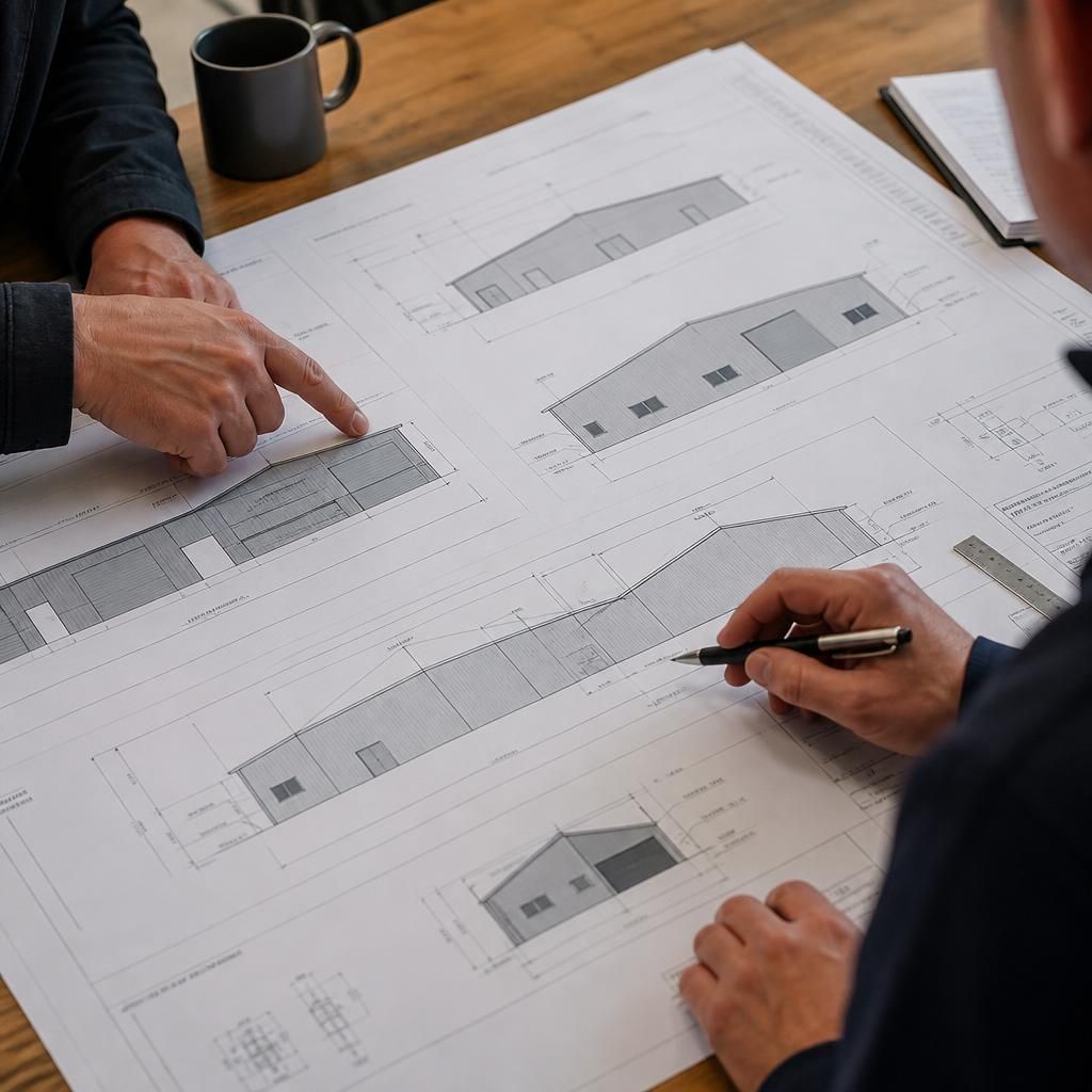 Planning elevation drawings for a steel-framed industrial workshop
