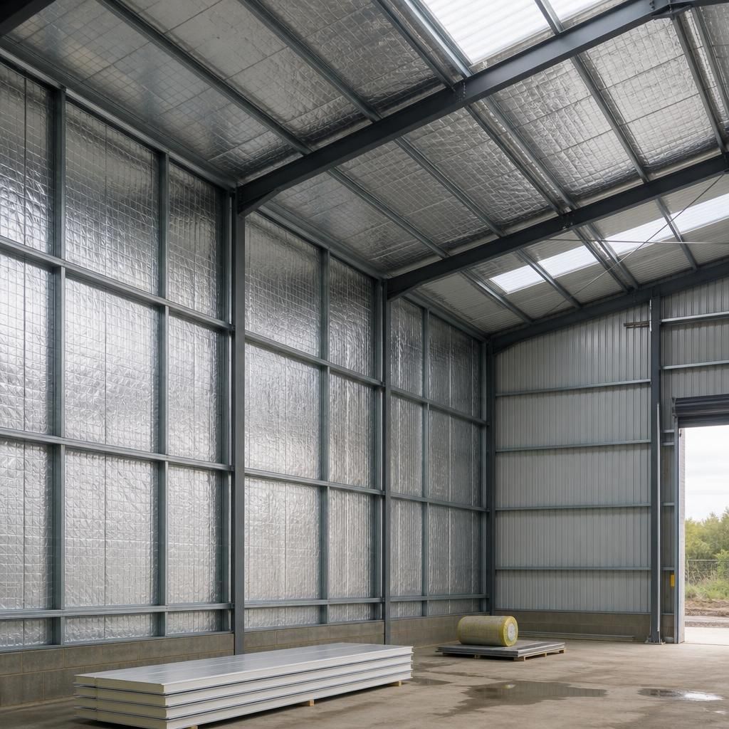 Steel workshop roof and wall insulation panels fitted around the frame