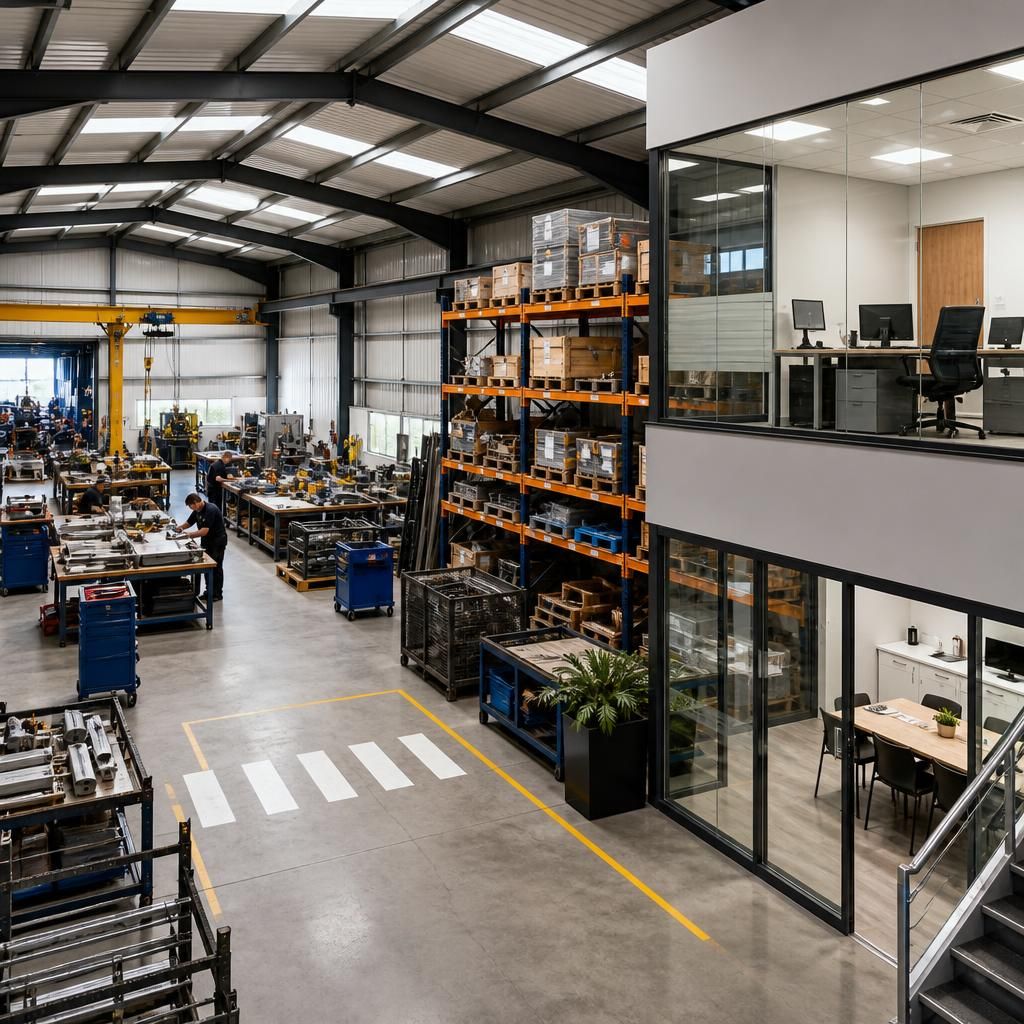 Steel workshop interior divided into production, storage and office areas