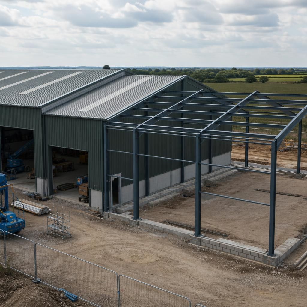 Steel workshop with a planned extension area beside the existing structure