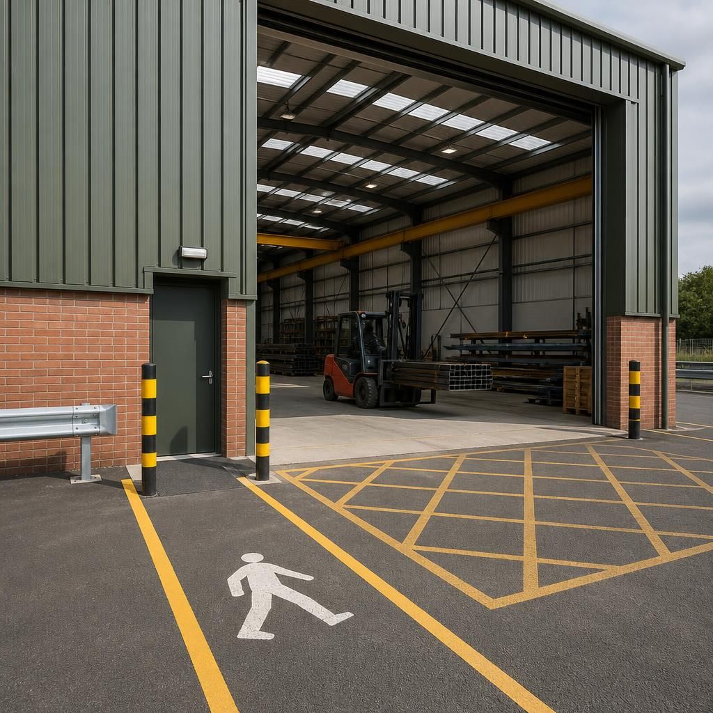 Industrial workshop vehicle entrance with marked pedestrian route and loading area