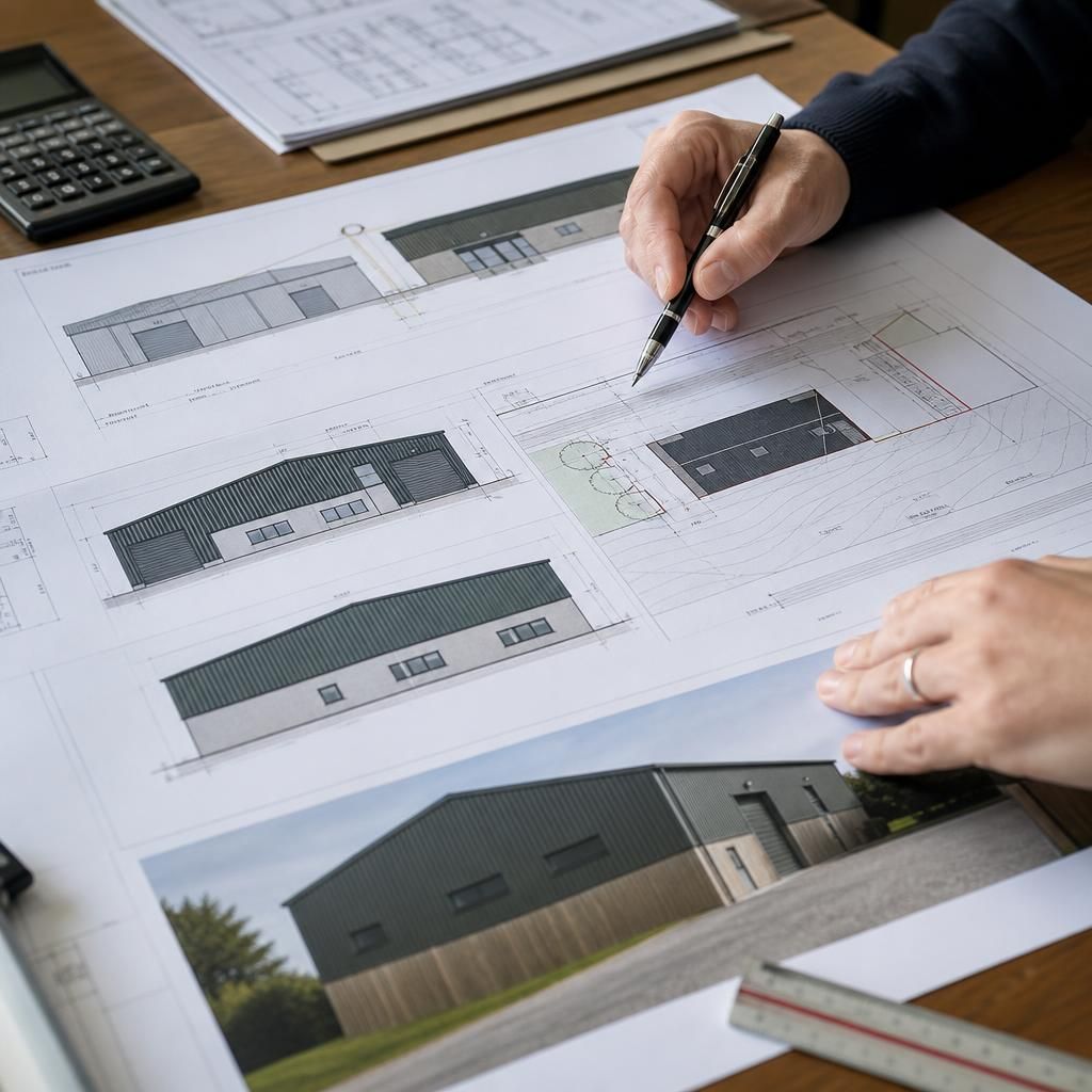 Architectural elevation drawings and site plan for a proposed steel workshop building