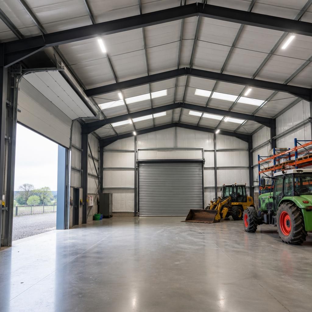 Steel-framed workshop interior with insulated wall panels, roof lining and roller doors