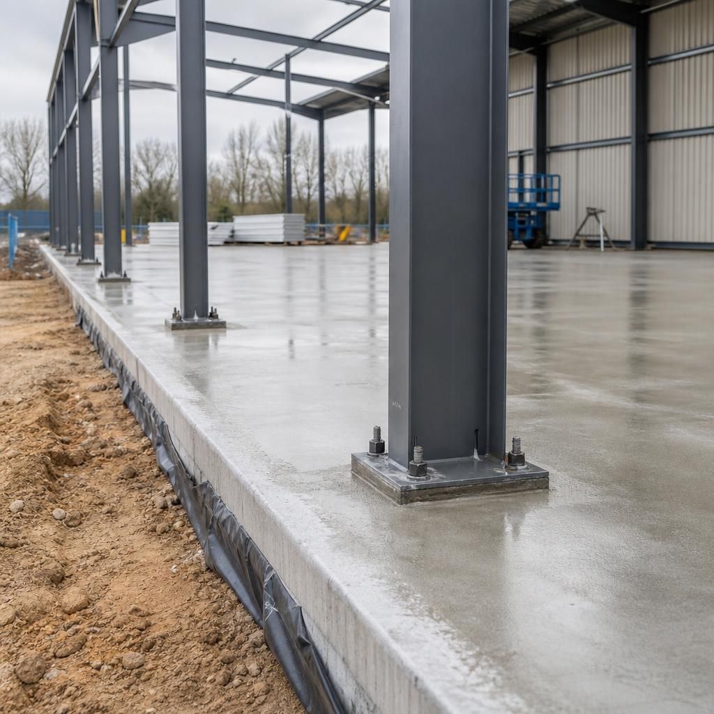 Reinforced concrete foundation slab with steel column baseplates and holding-down bolts