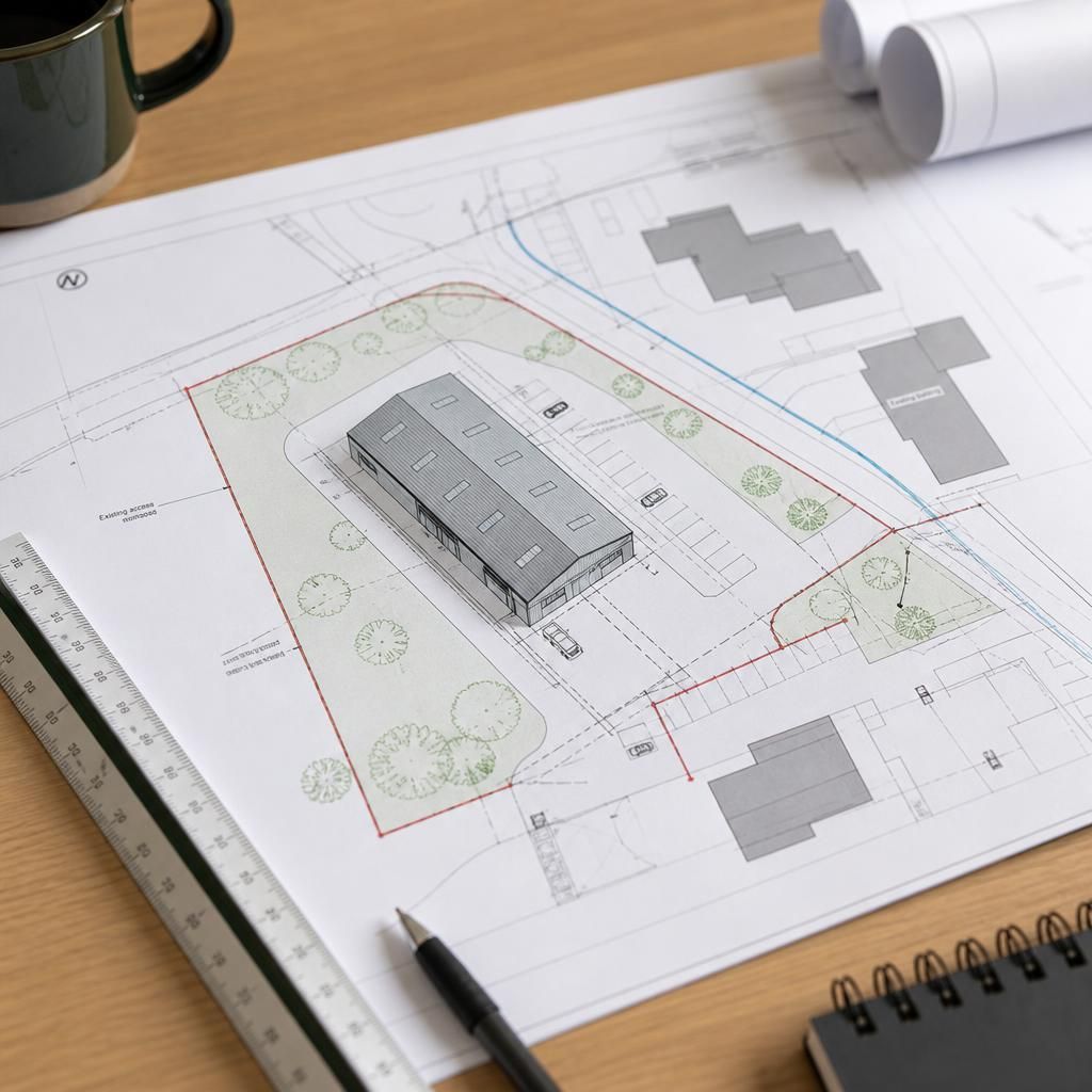 Architectural site plan showing a proposed steel workshop, access route and neighbouring buildings