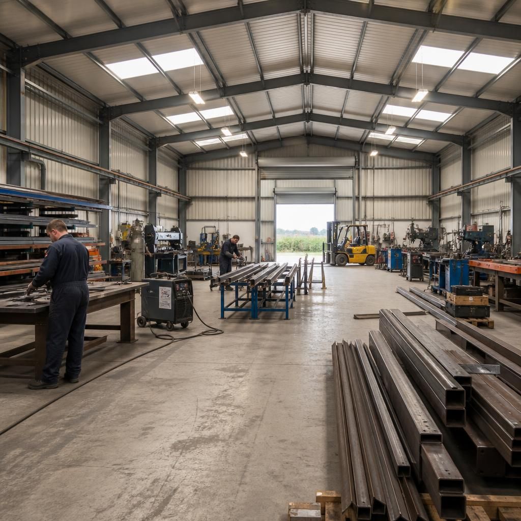 Steel-framed workshop interior with machinery, workbenches and storage bays