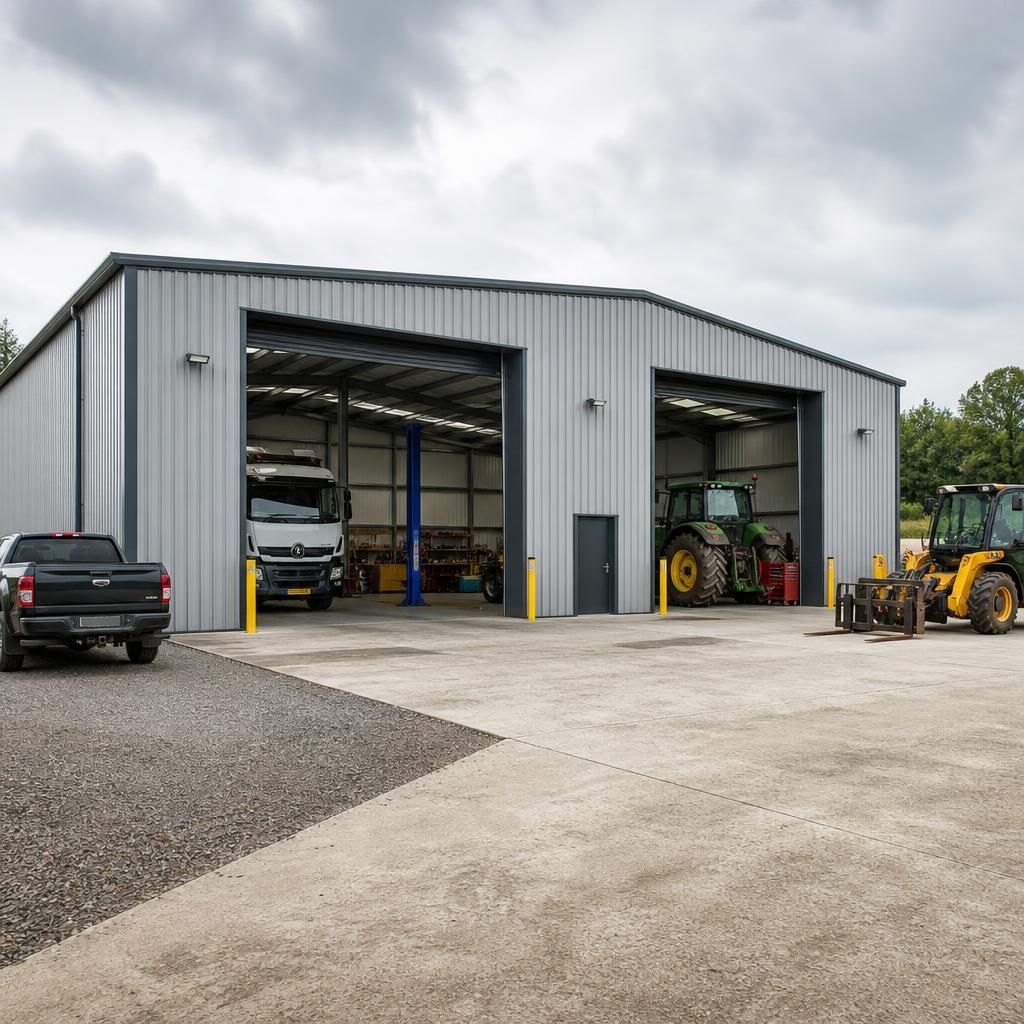 Steel-framed workshop building with wide vehicle access doors and surrounding hardstanding