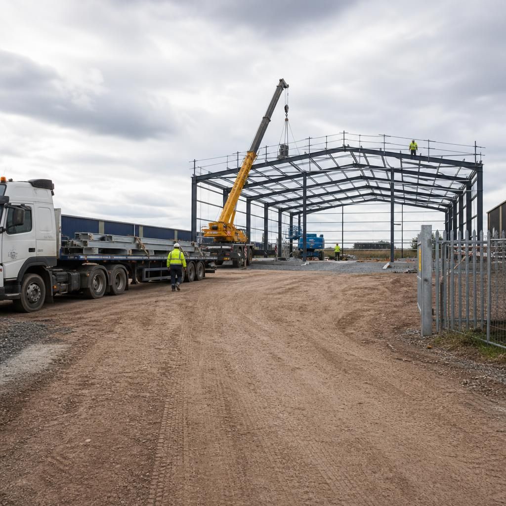 Steel frame workshop with a clear vehicle route to the construction area